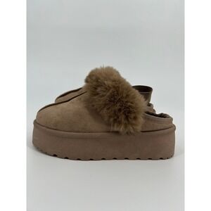 Brown Faux Suede Platform Slippers Faux Fur Trim Mules EU 37 Womens 6.5-7